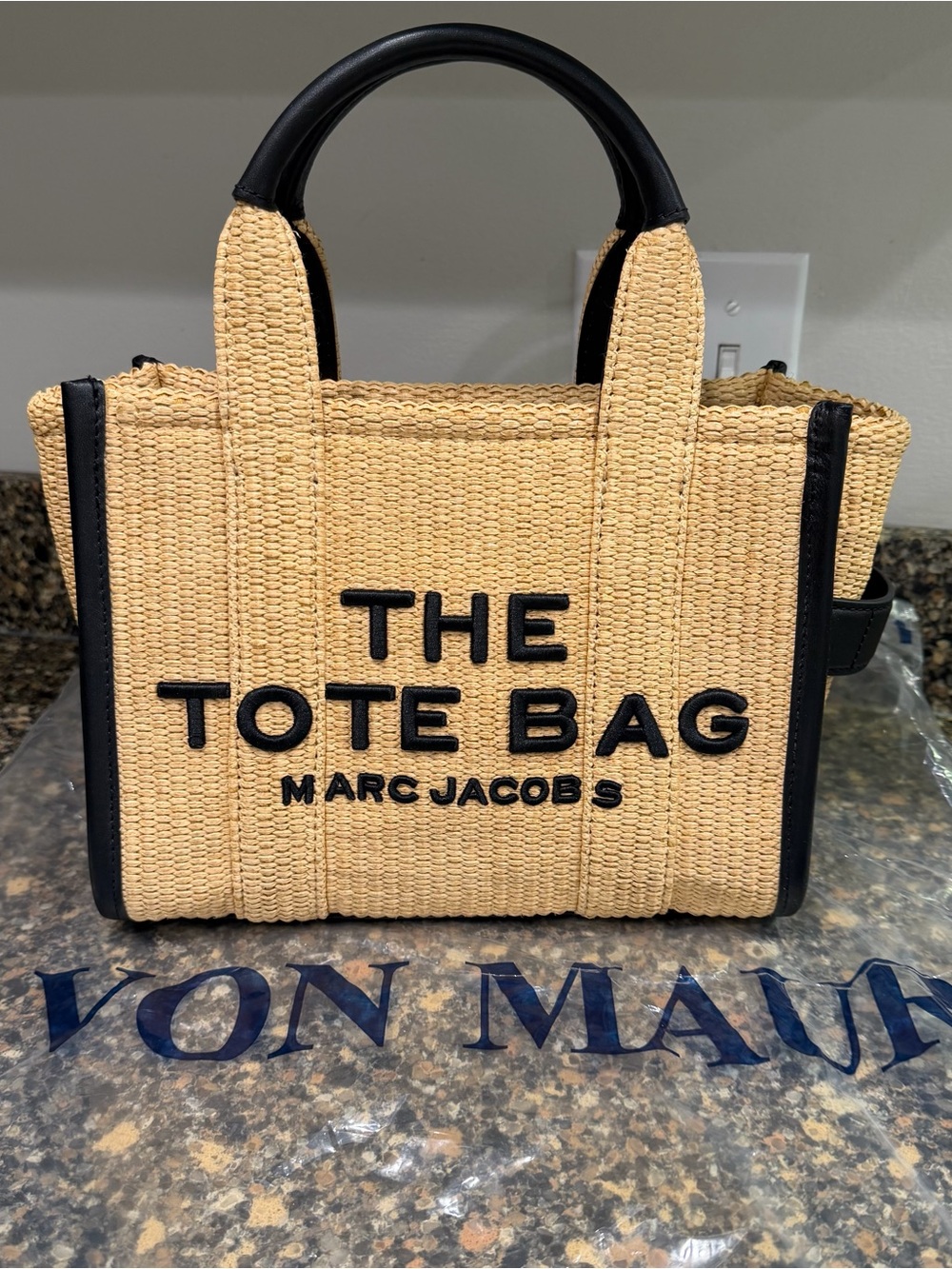 Marc Jacobs "The Tote Bag" Straw Tote in Natural with Black Trim new